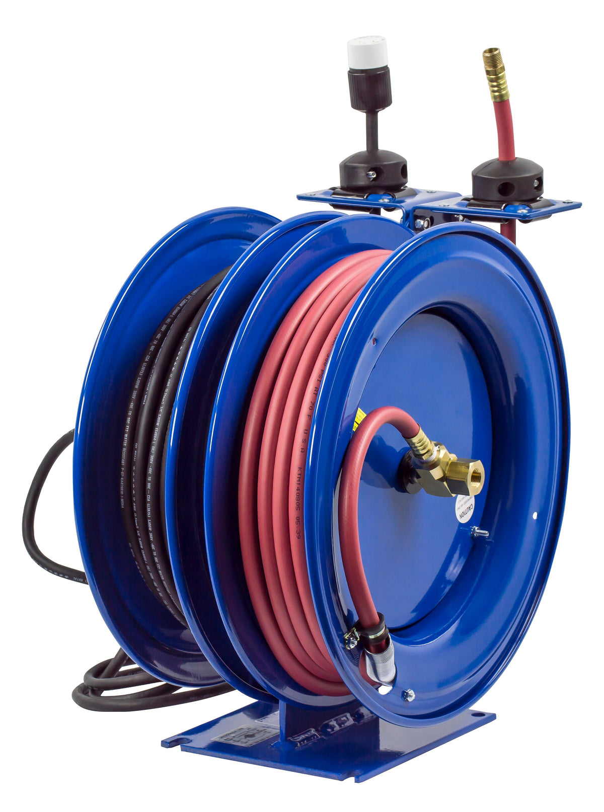 C-L350-5012-A by Coxreels | C Air-Electric | 300 PSI Spring Driven Air Hose & Power Cord Combo Reel w/ Industrial Receptacle | 3/8" Hose ID, 3/8" FNPT Inlet x 3/8" MNPT Hose End | 12/3 SJO Cord, 20A | Steel | 50ft PVC Hose & 50ft Cord Included