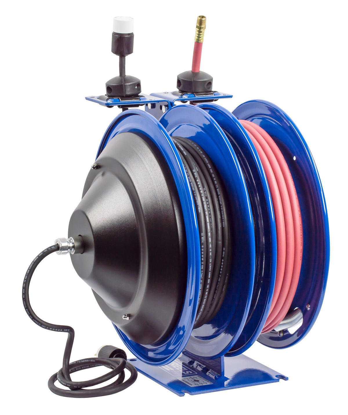 C-L350-5016-A by Coxreels | C Air-Electric | 300 PSI Spring Driven Air Hose & Power Cord Combo Reel w/ Industrial Receptacle | 3/8" Hose ID, 3/8" FNPT Inlet x 3/8" MNPT Hose End | 16/3 SJTO Cord, 13A | Steel | 50ft PVC Hose & 50ft Cord Included