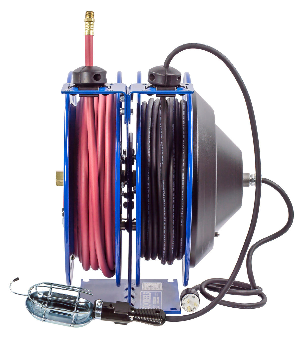 C-L350-5016-E by Coxreels | C Air-Electric | 300 PSI Spring Driven Air Hose & Power Cord Combo Reel w/ Incandescent Cage Light | 3/8" Hose ID, 3/8" FNPT Inlet x 3/8" MNPT Hose End | 16/3 SJTO Cord, 13A | Steel | 50ft PVC Hose & 50ft Cord Included
