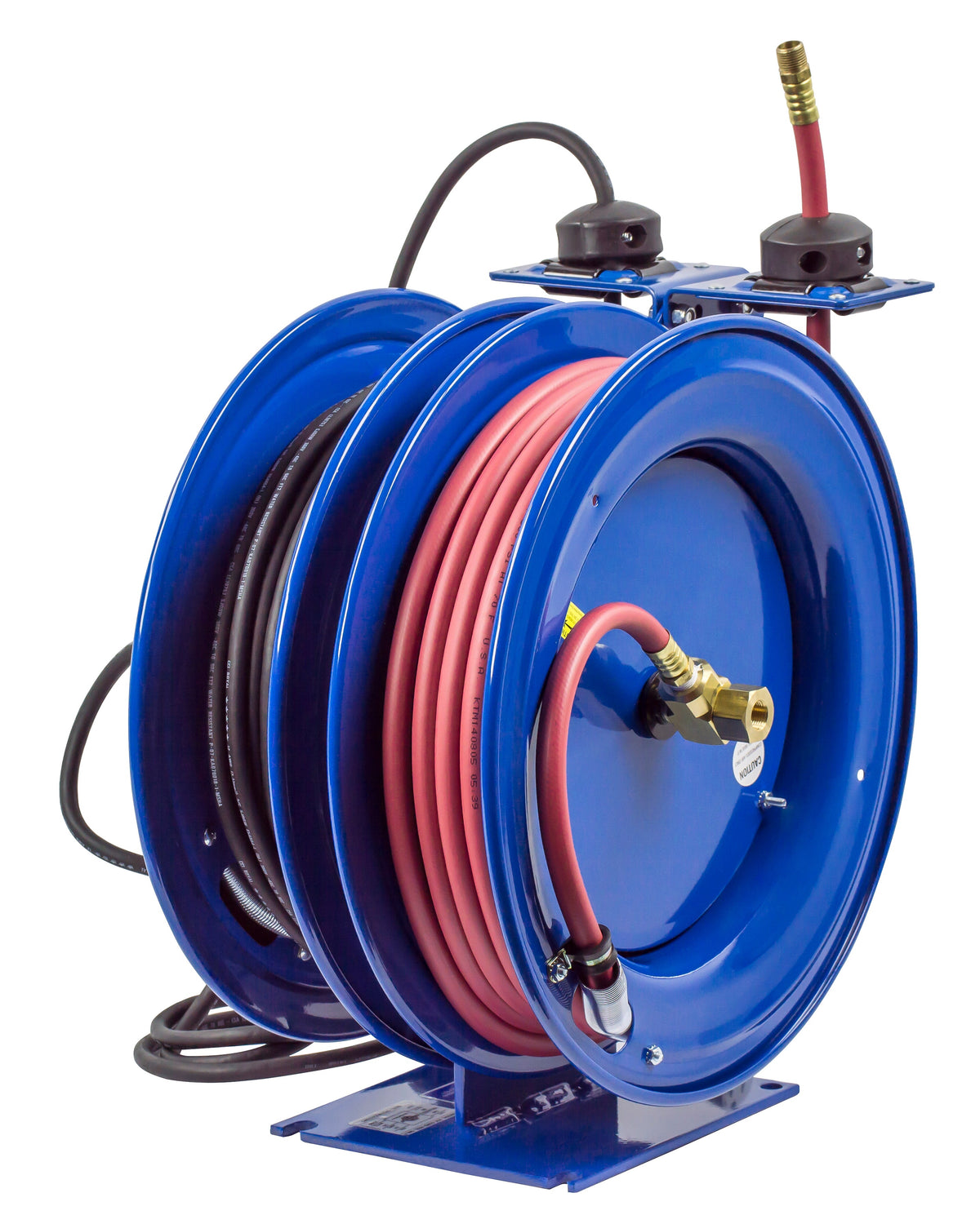 C-L350-5016-E by Coxreels | C Air-Electric | 300 PSI Spring Driven Air Hose & Power Cord Combo Reel w/ Incandescent Cage Light | 3/8" Hose ID, 3/8" FNPT Inlet x 3/8" MNPT Hose End | 16/3 SJTO Cord, 13A | Steel | 50ft PVC Hose & 50ft Cord Included