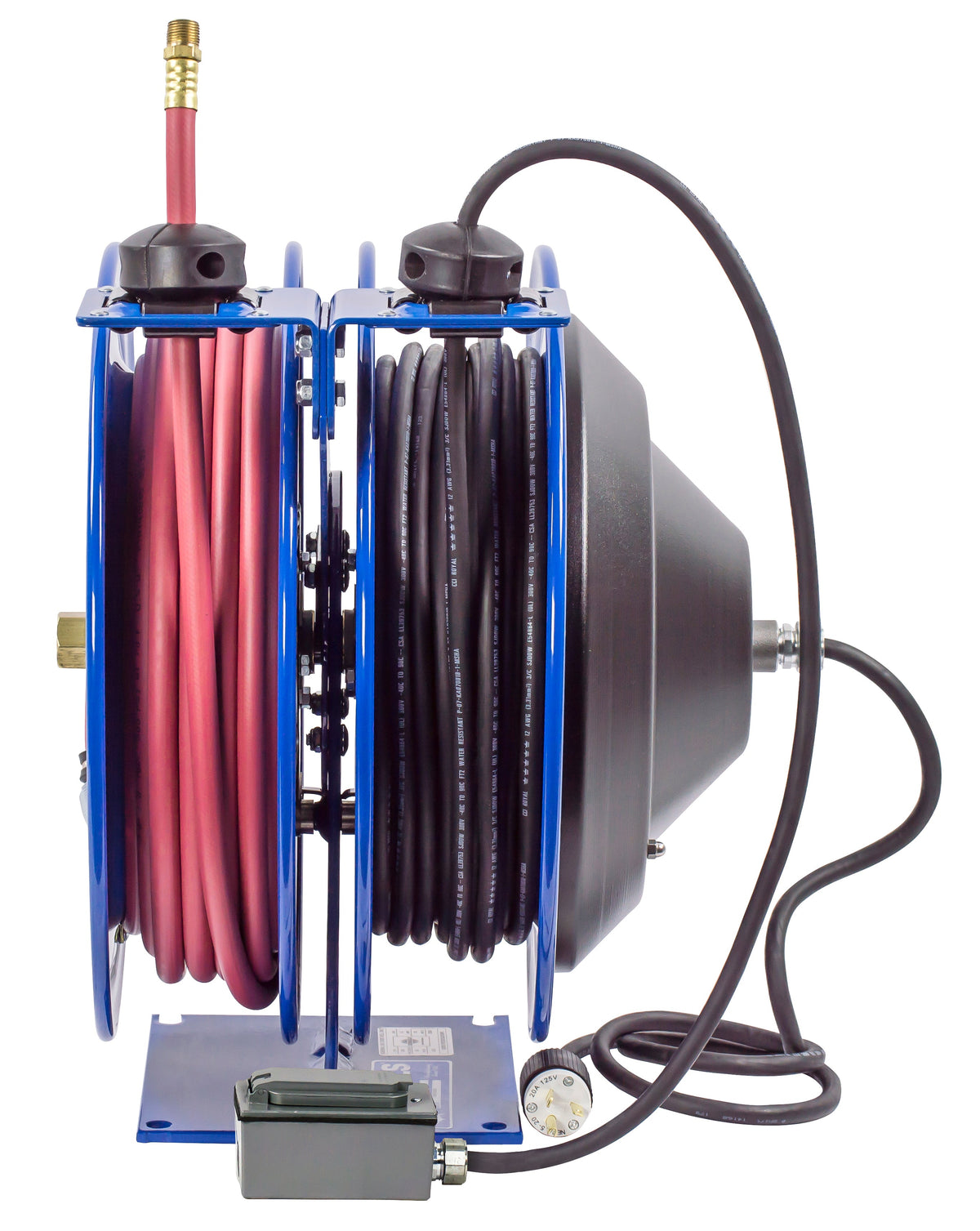 C-L350-5016-F by Coxreels | C Air-Electric | 300 PSI Spring Driven Air Hose & Power Cord Combo Reel w/ GFCI Receptacle | 3/8" Hose ID, 3/8" FNPT Inlet x 3/8" MNPT Hose End | 16/3 SJTO Cord, 13A | Steel | 50ft PVC Hose & 50ft Cord Included