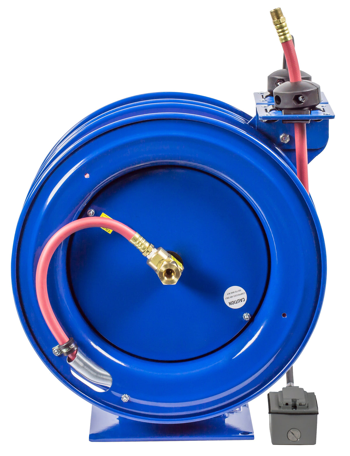 C-L350-5012-F by Coxreels | C Air-Electric | 300 PSI Spring Driven Air Hose & Power Cord Combo Reel w/ GFCI Receptacle | 3/8" Hose ID, 3/8" FNPT Inlet x 3/8" MNPT Hose End | 12/3 SJO Cord, 20A | Steel | 50ft PVC Hose & 50ft Cord Included