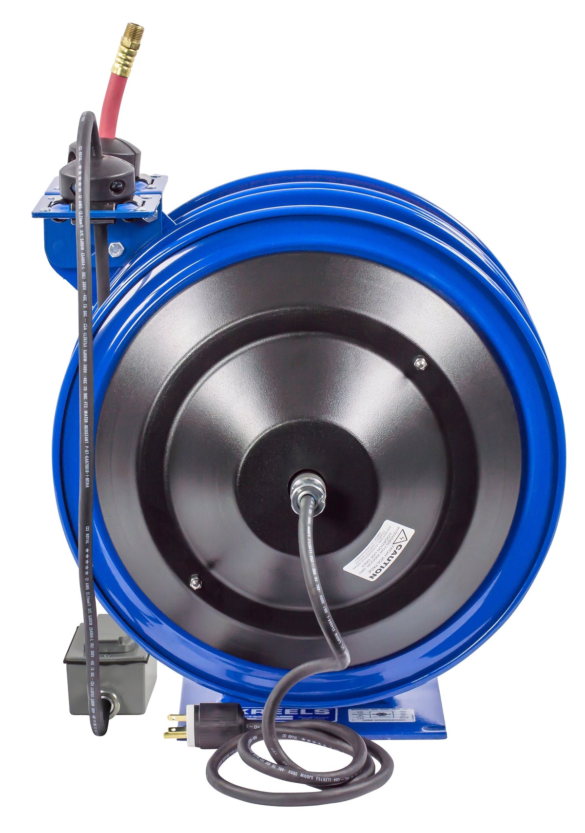 C-L350-5012-F by Coxreels | C Air-Electric | 300 PSI Spring Driven Air Hose & Power Cord Combo Reel w/ GFCI Receptacle | 3/8" Hose ID, 3/8" FNPT Inlet x 3/8" MNPT Hose End | 12/3 SJO Cord, 20A | Steel | 50ft PVC Hose & 50ft Cord Included