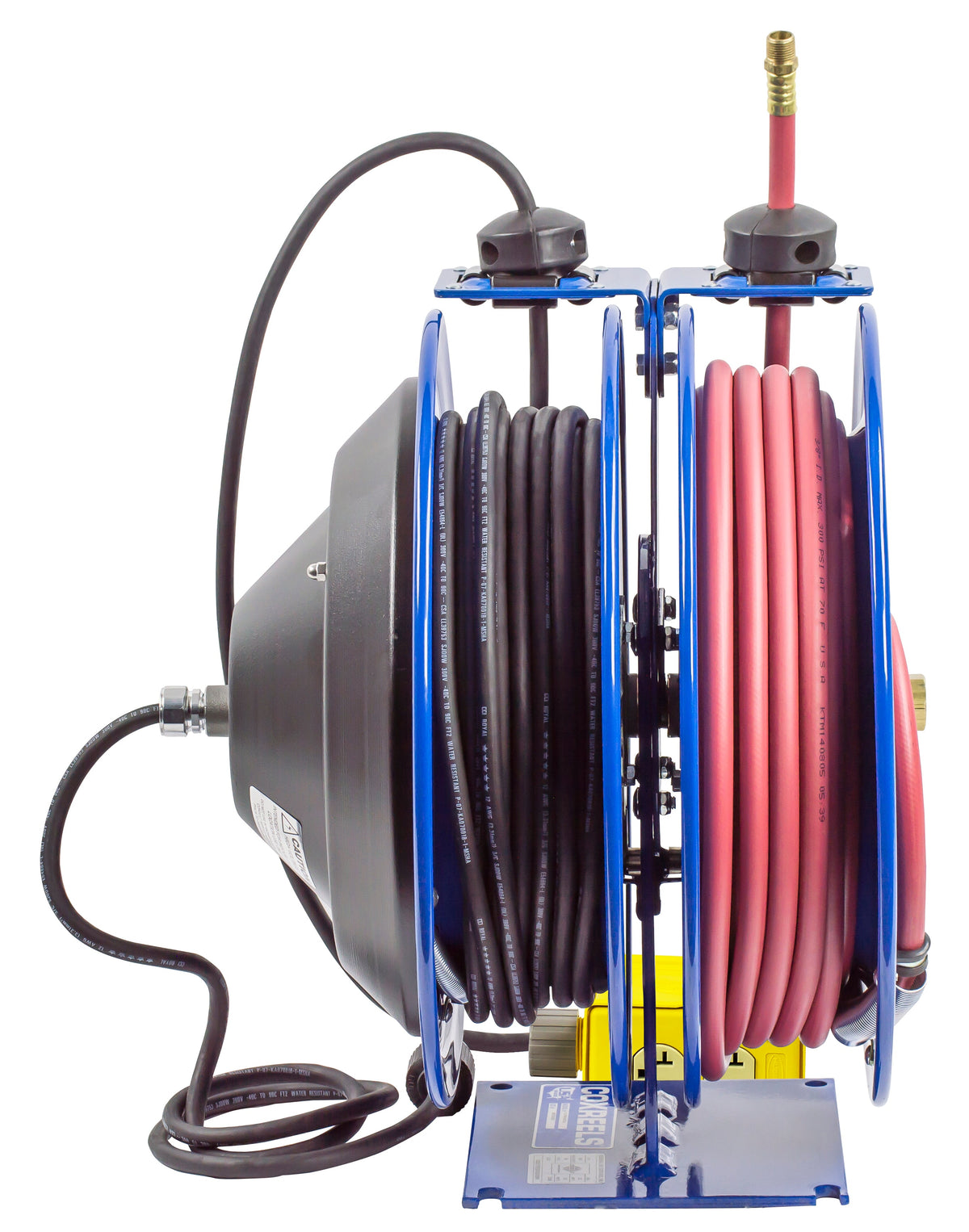 C-L350-5012-B by Coxreels | C Air-Electric | 300 PSI Spring Driven Air Hose & Power Cord Combo Reel w/ Quad Industrial Receptacle | 3/8" Hose ID, 3/8" FNPT Inlet x 3/8" MNPT Hose End | 12/3 SJO Cord, 20A | Steel | 50ft PVC Hose & 50ft Cord Included