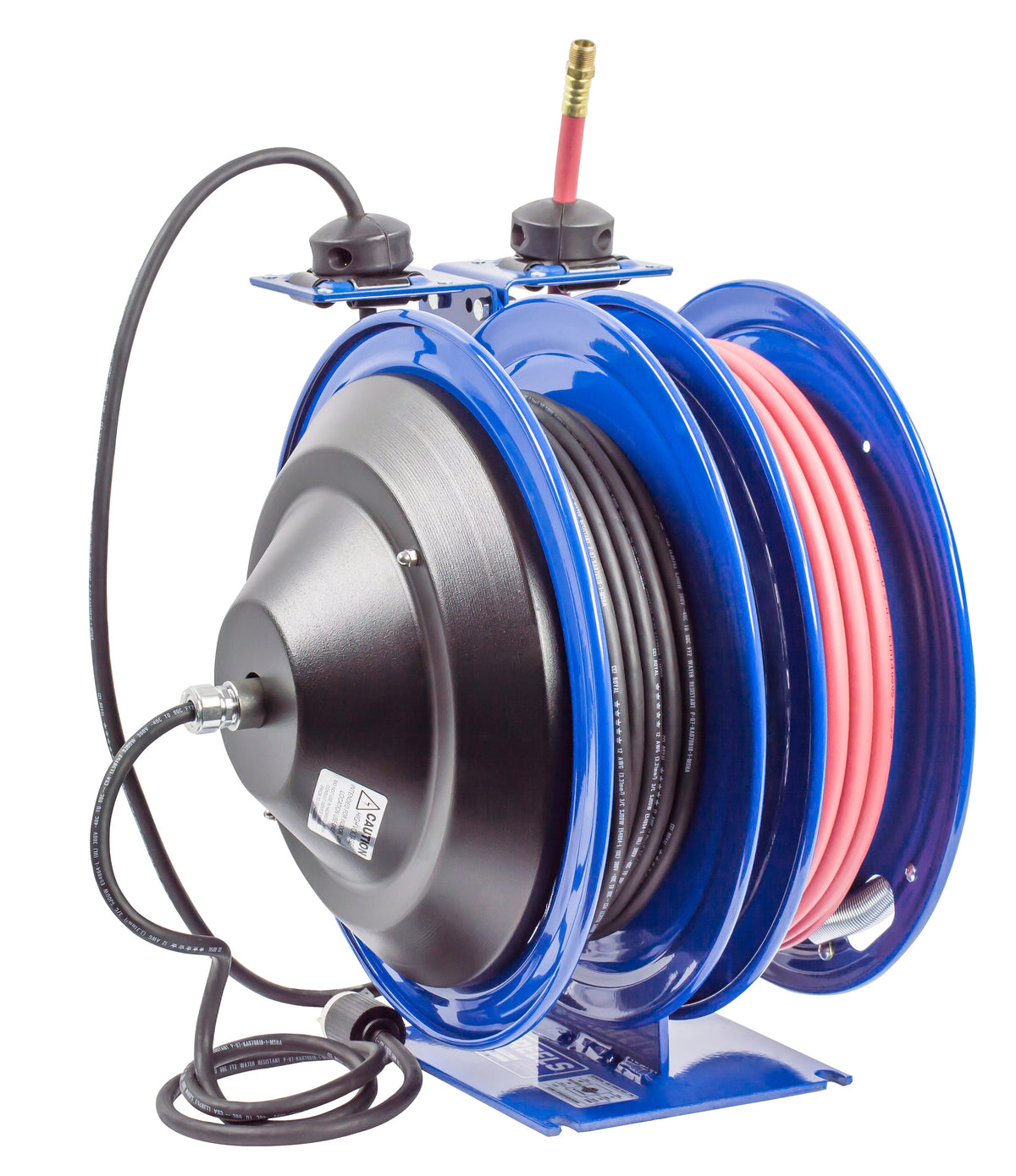 C-L350-5012-B by Coxreels | C Air-Electric | 300 PSI Spring Driven Air Hose & Power Cord Combo Reel w/ Quad Industrial Receptacle | 3/8" Hose ID, 3/8" FNPT Inlet x 3/8" MNPT Hose End | 12/3 SJO Cord, 20A | Steel | 50ft PVC Hose & 50ft Cord Included