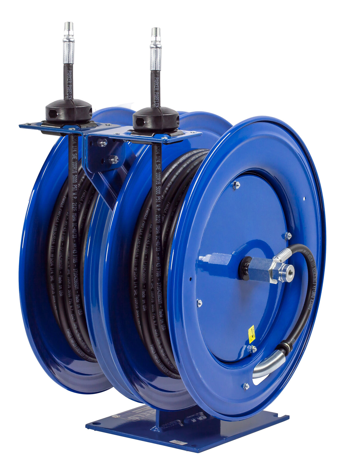 C-HP-125-125 by Coxreels | C Series | 5,000 PSI Dual Hose Spring Driven Hose Reel for Grease & Hydraulic Oil | 1/4" Hose ID, Two 1/4" FNPT Inlets x 1/4" MNPT Hose Ends | Steel | Two 25ft Rubber Hoses Included