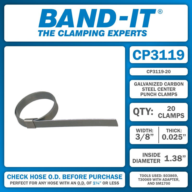 CP3119-20 by Band-It | Center Punch Clamp | 1.375" ID | 3/8" Width | 0.025" Thickness | Galvanized Carbon Steel | 20/Box