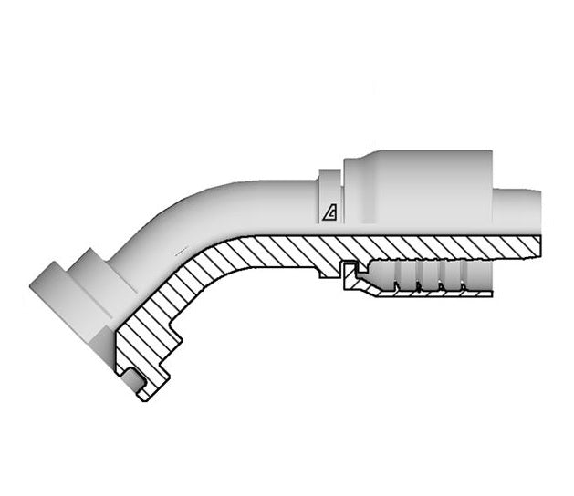 D-1216-C614 Alfagomma by Kuriyama | D Series | One-Piece AlfaCrimp Hydraulic Hose Fitting | SAE J518 | 45° Elbow | -12 Hose ID x -16 Code 61 O-Ring Flange | Steel