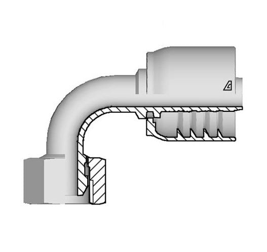 D-2020-FBO9 Alfagomma by Kuriyama | D Series | One-Piece AlfaCrimp Hydraulic Hose Fitting | 90° Elbow | -20 Hose ID x -20 Female BSPP O-Ring Swivel 60° Cone | Steel