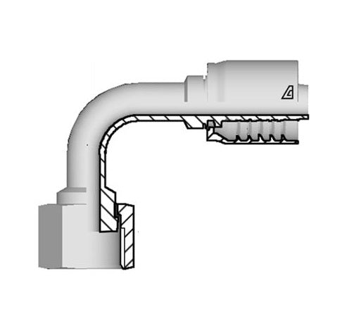 D-1212-FO9L Alfagomma by Kuriyama | D Series | One-Piece AlfaCrimp Hydraulic Hose Fitting | 90° Elbow | Long Drop | ISO 12151-1 | -12 Hose ID x -12 Female O-Ring Face Seal | Steel