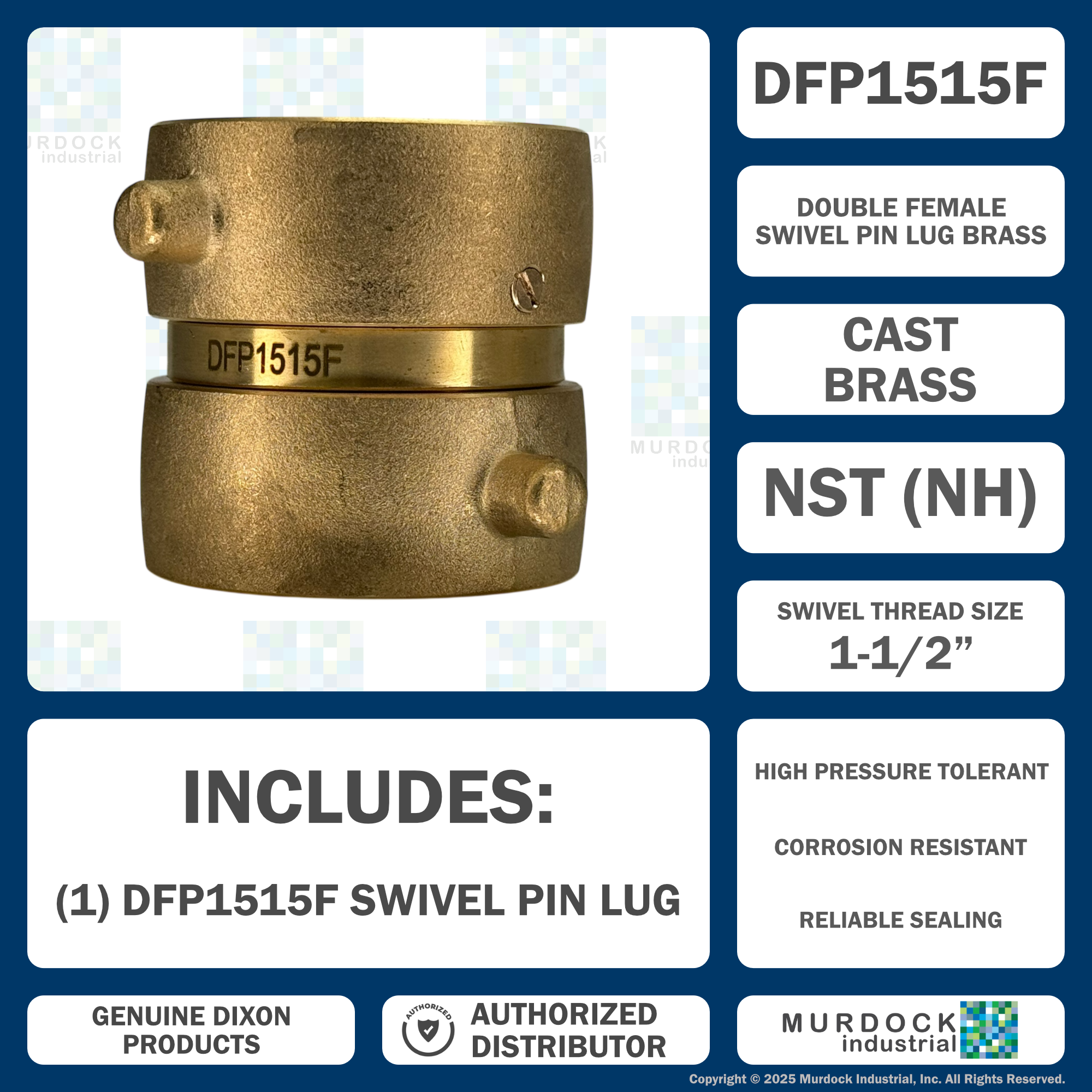 DFP1515F Dixon Cast Brass Double Female Swivel - Pin Lug - 1-1/2" Female NST(NH) Swivel x 1-1/2" Female NST(NH) Swivel