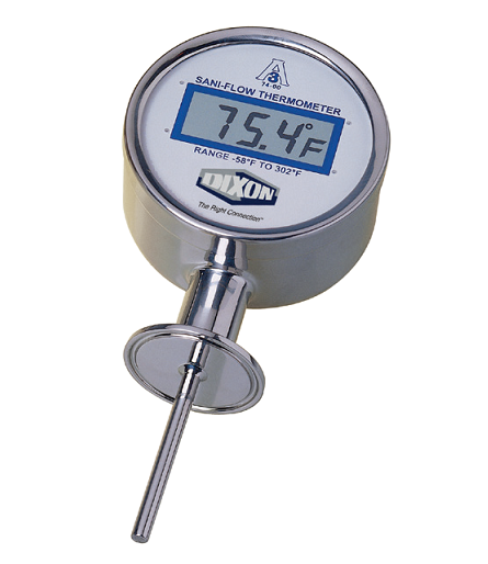 DT-3U-BT-DF-10 Dixon Valve Sani-Flow Sanitary Digital Thermometer - 3" Clamp - Bottom Mount - Fahrenheit (°F) Display - 10 Second Update Interval