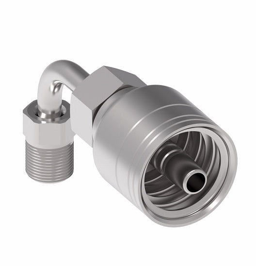 1AA3MFB4 Aeroquip by Danfoss | 1 & 2 Wire TTC Male SAE Inverted Flare Swivel 90° Elbow (MFB) Crimp Fitting | -03 Male SAE Inverted Flare Swivel x -04 Hose Barb | Steel