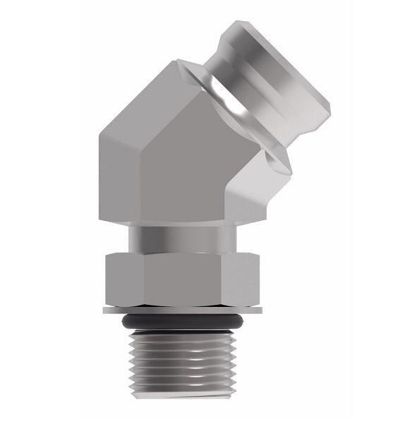 FF3038-0606S Aeroquip by Danfoss | Male SAE ORB to Female STC (Snap to Connect) 45° Elbow Adapter (FF) | -06 Male SAE O-Ring Boss x -06 Female STC | Steel