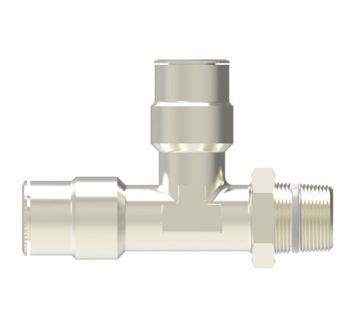 1171X6S by Danfoss | Push to Connect Adapter | Swivel Male Run Tee | 3/8" Tube OD x 1/4" Male NPTF x 3/8" Tube OD | Nickel Plated Brass