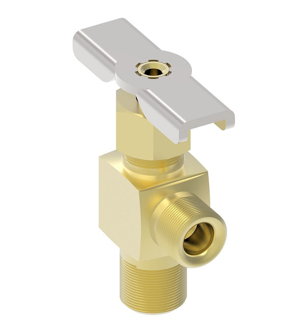 320 by Danfoss | Needle Valve | SAE 45° Flare Angle | 90° Elbow | 1/4" Male SAE 45° Flare x 1/8" Male NPTF | Brass