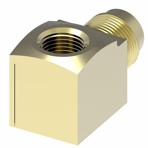 50X6 by Danfoss | Female Pipe/SAE 45° Flare 90° Elbow Adapter | 1/4" Female NPTF x 3/8" Male SAE 45° Flare | Brass