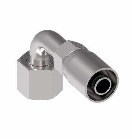 08E-A28 Weatherhead by Danfoss | Everflex E Series | Female ORS Swivel (Short Drop) 90° Elbow Crimp Fitting | -08 Female O-Ring Face Seal Swivel x -08 Hose Barb | Steel