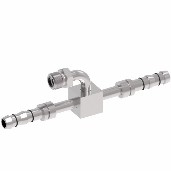 EJ3158-121616S E-Z Clip System by Danfoss | Male O-Ring Pilot Branch Connection Tee | A/C Refrigeration Fitting | -12 Male O-Ring Pilot x -16 Hose Barb x -16 Hose Barb | Steel