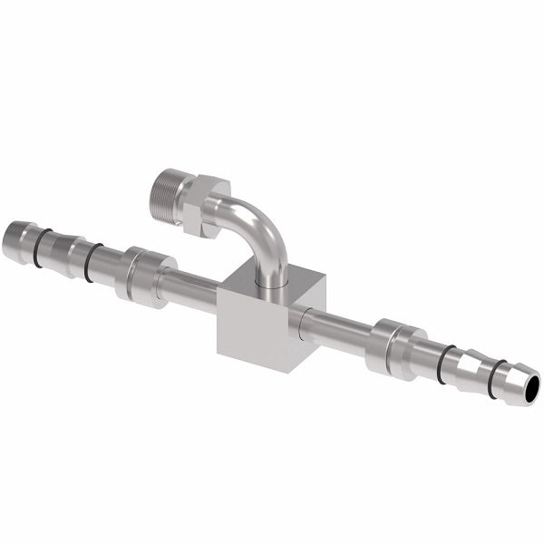 EJ3158-121616S E-Z Clip System by Danfoss | Male O-Ring Pilot Branch Connection Tee | A/C Refrigeration Fitting | -12 Male O-Ring Pilot x -16 Hose Barb x -16 Hose Barb | Steel