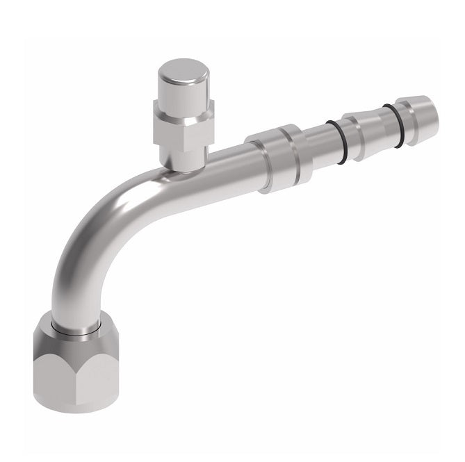 EJ3297-01-0808S E-Z Clip System by Danfoss | Female O-Ring 90° Elbow (Short Pilot) with Switch Port (M10 X 1.25) | A/C Refrigeration Fitting | -08 Female O-Ring Short Pilot x -08 Hose Barb | Steel