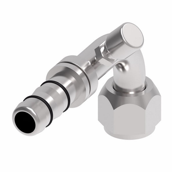 FJ3047-1012S E-Z Clip System by Danfoss | Female O-Ring 90° Elbow (Long Pilot) with Charge Port (7/16-20 thd) - 45° Port Rotation | A/C Refrigeration Fitting | -10 Female O-Ring Long Pilot x -12 Hose Barb | Steel