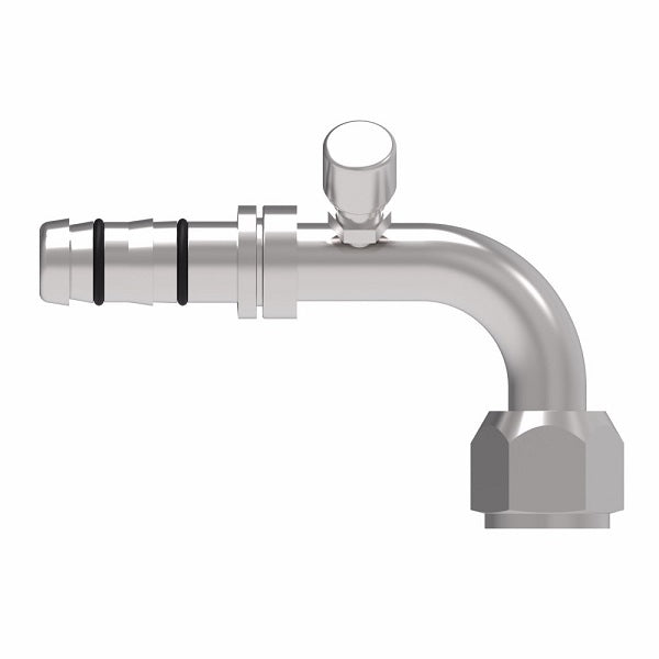 FJ3047-1016S E-Z Clip System by Danfoss | Female O-Ring 90° Elbow (Long Pilot) with Charge Port (7/16-20 thd) - 45° Port Rotation | A/C Refrigeration Fitting | -10 Female O-Ring Long Pilot x -16 Hose Barb | Steel