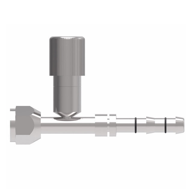 FJ3053-0808S E-Z Clip System by Danfoss | Female O-Ring (Short Pilot) with R134a High Side Port | A/C Refrigeration Fitting | -08 Female O-Ring Short Pilot x -08 Hose Barb | Steel