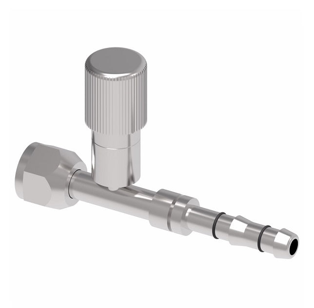 FJ3053-0810S E-Z Clip System by Danfoss | Female O-Ring (Short Pilot) with R134a High Side Port | A/C Refrigeration Fitting | -08 Female O-Ring Short Pilot x -10 Hose Barb | Steel