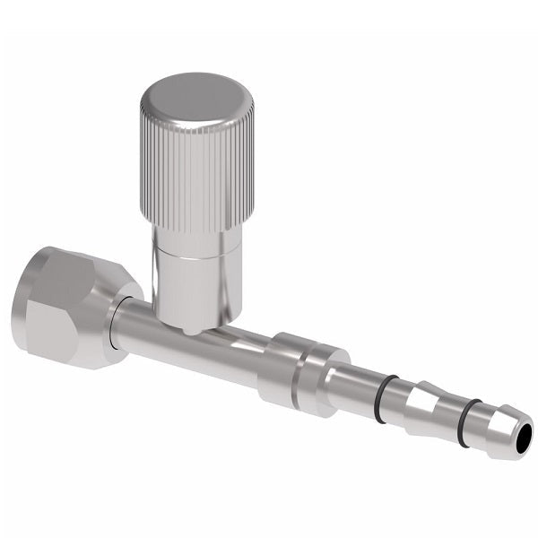 FJ3054-1216S E-Z Clip System by Danfoss | Female O-Ring (Short Pilot) with R134a Low Side Port | A/C Refrigeration Fitting | -12 Female O-Ring Short Pilot x -16 Hose Barb | Steel