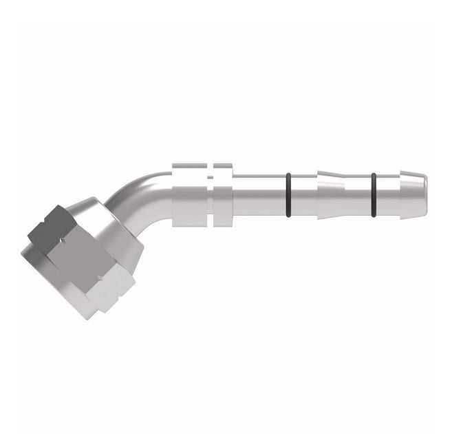 FJ3059-06-1012S E-Z Clip System by Danfoss | Female SAE 45° Flare (Universal) 45° Elbow | A/C Refrigeration Fitting | -10 Female SAE 45° Flare x -12 Hose Barb | Steel