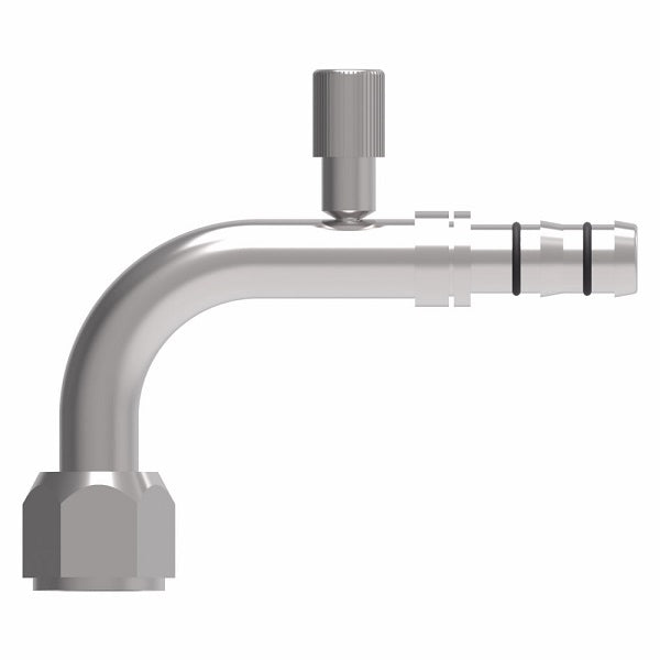 FJ3112-01-0808S E-Z Clip System by Danfoss | Female O-Ring (Long Pilot) Metric Thread with High Side Charge Port (R134a) 90° Elbow | A/C Refrigeration Fitting | M20 Female O-Ring Long Pilot x -08 Hose Barb | Steel