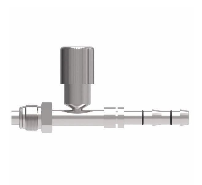 FJ3131-03-1010S E-Z Clip System by Danfoss | Male O-Ring (Short Pilot) with R134a High Side Port | A/C Refrigeration Fitting | -10 Male O-Ring Short Pilot x -10 Hose Barb | Steel