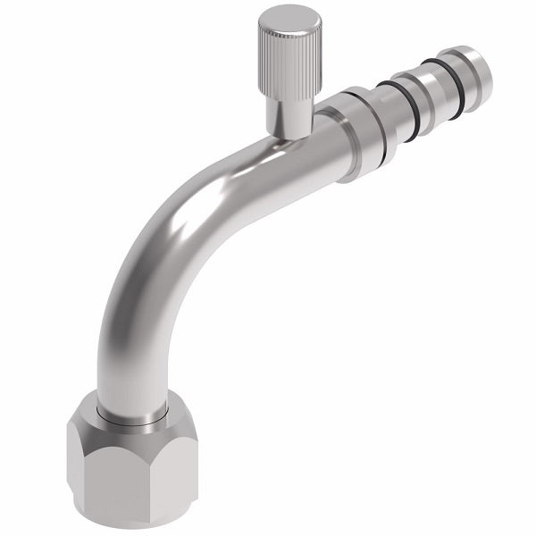 FJ3133-01-0606S E-Z Clip System by Danfoss | Female SAE 45° with High Side Charge Port (R134a) 90° Elbow | A/C Refrigeration Fitting | -06 Female SAE 45° Flare x -06 Hose Barb | Steel