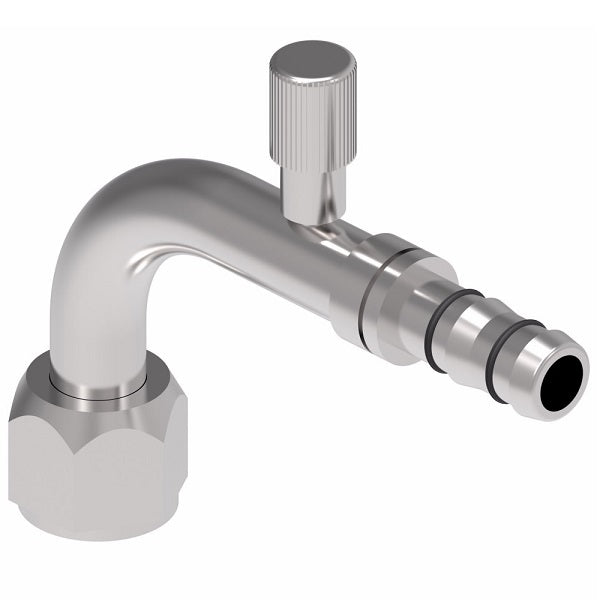 FJ3133-01-0606S E-Z Clip System by Danfoss | Female SAE 45° with High Side Charge Port (R134a) 90° Elbow | A/C Refrigeration Fitting | -06 Female SAE 45° Flare x -06 Hose Barb | Steel