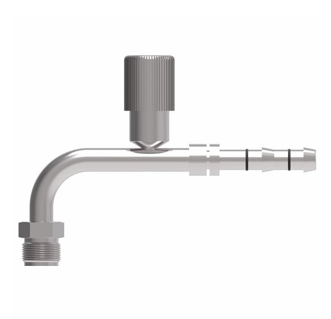 FJ3134-02-0808S E-Z Clip System by Danfoss | Male O-Ring 90° Elbow (Short Pilot) with R134a High Side Port | A/C Refrigeration Fitting | -08 Male O-Ring Short Pilot x -08 Hose Barb | Steel