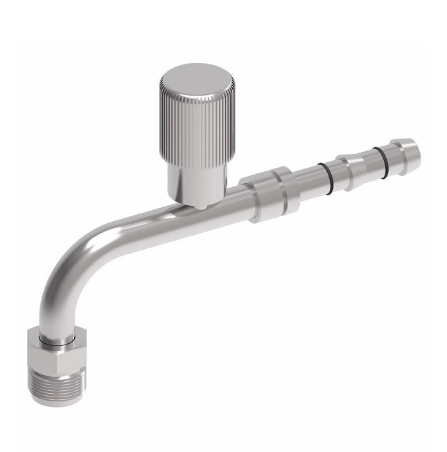 FJ3134-03-1010S E-Z Clip System by Danfoss | Male O-Ring 90° Elbow (Short Pilot) with R134a High Side Port | A/C Refrigeration Fitting | -10 Male O-Ring Short Pilot x -10 Hose Barb | Steel