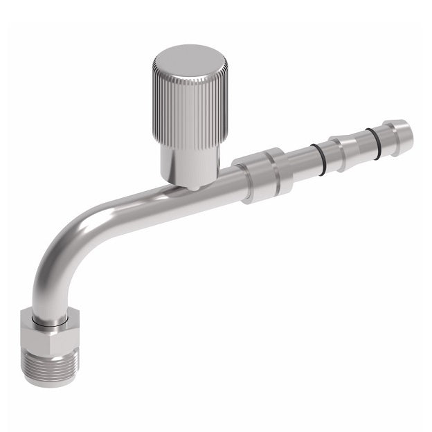FJ3135-01-1010S E-Z Clip System by Danfoss | Male O-Ring 90° Elbow (Short Pilot) with R134a Low Side Port | A/C Refrigeration Fitting | -10 Male O-Ring Short Pilot x -10 Hose Barb | Steel