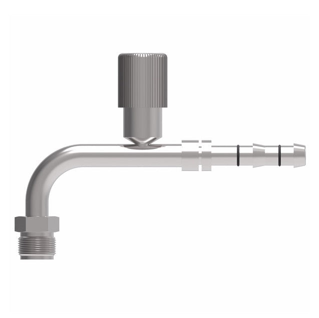 FJ3135-01-1010S E-Z Clip System by Danfoss | Male O-Ring 90° Elbow (Short Pilot) with R134a Low Side Port | A/C Refrigeration Fitting | -10 Male O-Ring Short Pilot x -10 Hose Barb | Steel