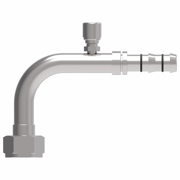 FJ3226-1010S E-Z Clip System by Danfoss | Female Rotalok with Switch Port (7/16-20 thread) 90° Elbow | A/C Refrigeration Fitting | -10 Female Rotalok x -10 Hose Barb | Steel