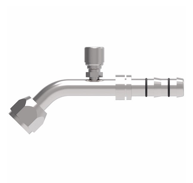 FJ3230-03-0808S E-Z Clip System by Danfoss | Female O-Ring 45° Elbow (Long Pilot) with Switch Port (7/16-20 thd) | A/C Refrigeration Fitting | -08 Female O-Ring Long Pilot x -08 Hose Barb | Steel
