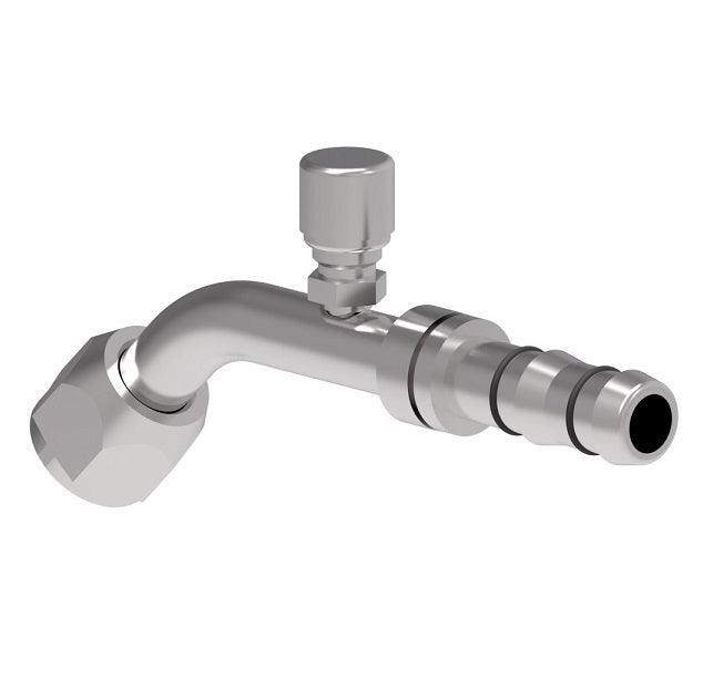 FJ3230-02-1012S E-Z Clip System by Danfoss | Female O-Ring 45° Elbow (Long Pilot) with Switch Port (7/16-20 thd) | A/C Refrigeration Fitting | -10 Female O-Ring Long Pilot x -12 Hose Barb | Steel