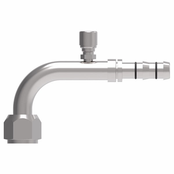 FJ3289-03-0606S E-Z Clip System by Danfoss | Female O-Ring 90° Elbow (Long Pilot) with Charge Port (7/16-20 thd) | A/C Refrigeration Fitting | -06 Female O-Ring Long Pilot x -06 Hose Barb | Steel