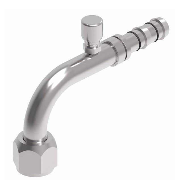 FJ3289-01-0808S E-Z Clip System by Danfoss | Female O-Ring 90° Elbow (Long Pilot) with Charge Port (7/16-20 thd) | A/C Refrigeration Fitting | -08 Female O-Ring Long Pilot x -08 Hose Barb | Steel
