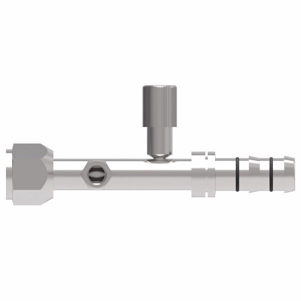 FJ3363-03-0808S E-Z Clip System by Danfoss | Female O-Ring (Short Pilot) with R134a High Side Port & Female Switch Connection (1/8-27 thd) | A/C Refrigeration Fitting | -08 Female O-Ring Short Pilot x -08 Hose Barb | Steel