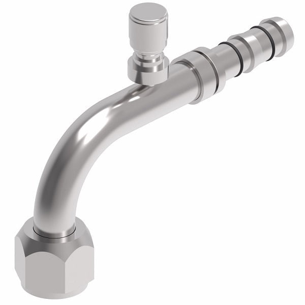FJ3460-01-1010S E-Z Clip System by Danfoss | Female O-Ring 90° Elbow (Long Pilot) with Switch Port (M12 X 1.5) | A/C Refrigeration Fitting | -10 Female O-Ring Long Pilot x -10 Hose Barb | Steel