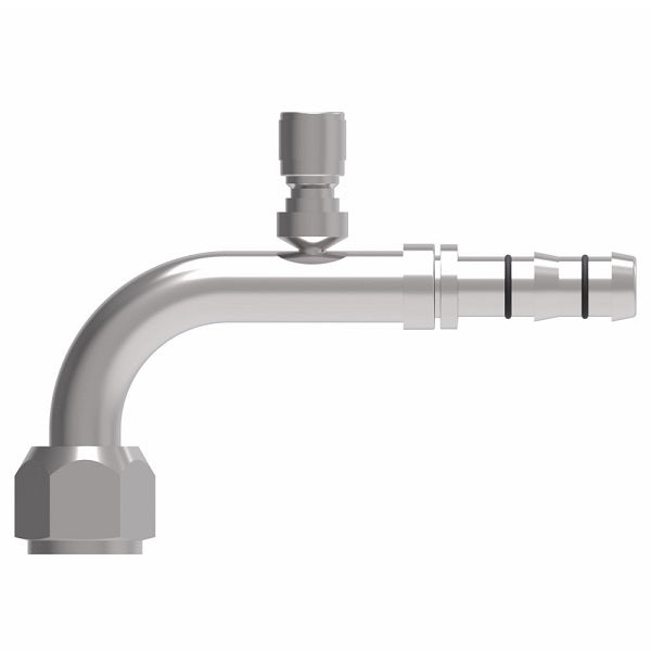 FJ3460-01-1010S E-Z Clip System by Danfoss | Female O-Ring 90° Elbow (Long Pilot) with Switch Port (M12 X 1.5) | A/C Refrigeration Fitting | -10 Female O-Ring Long Pilot x -10 Hose Barb | Steel