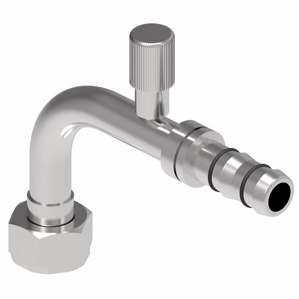 FJ3511-1010S E-Z Clip System by Danfoss | Female Rotalok with R134a High Side Port 90° Elbow | A/C Refrigeration Fitting | -10 Female Rotalok x -10 Hose Barb | Steel