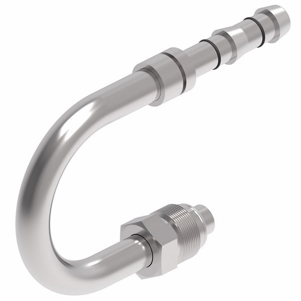 FJ3804-1010S E-Z Clip System by Danfoss | Male O-Ring (Short Pilot) 180° Elbow | A/C Refrigeration Fitting | -10 Male O-Ring Short Pilot x -10 Hose Barb | Steel