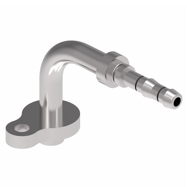 FJ3982-0806S E-Z Clip System by Danfoss | Pad Style Connection (Volvo) 90° Elbow | A/C Refrigeration Fitting | -08 Pad Style Connection x -06 Hose Barb | Steel